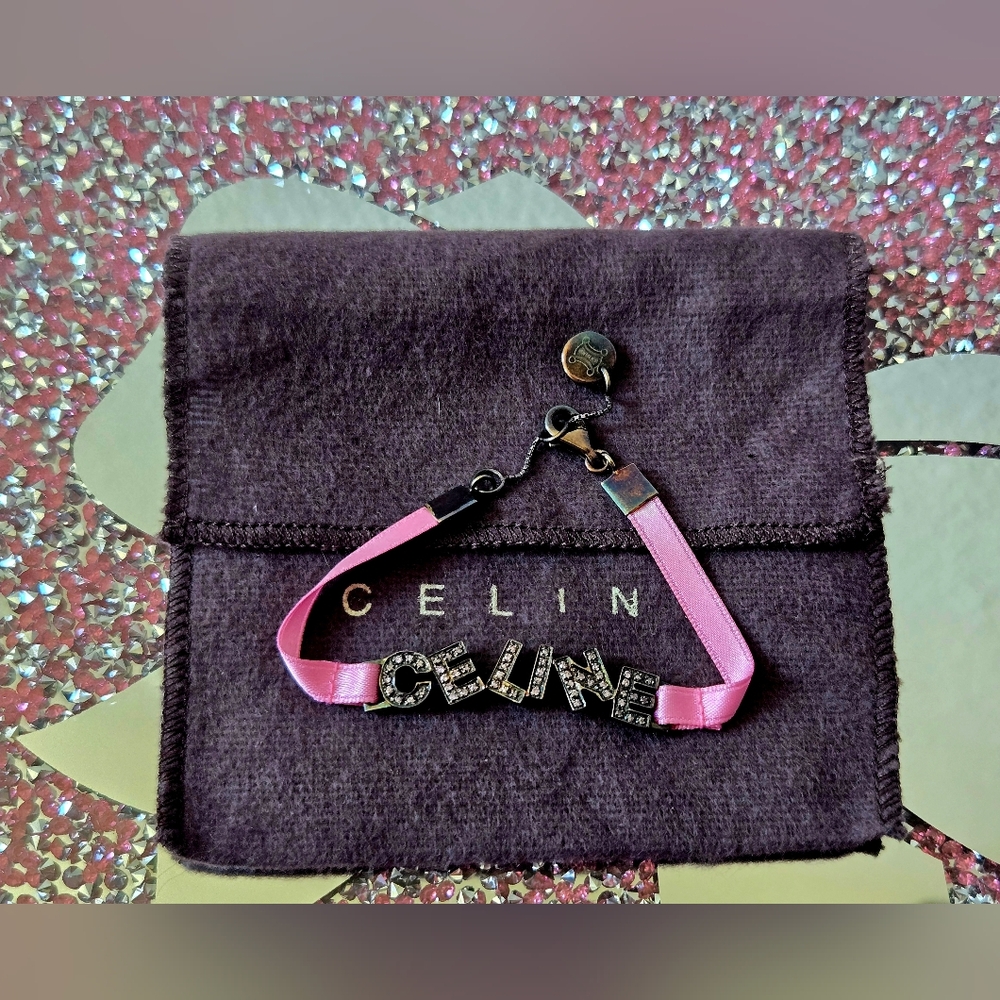 Celine logo bracelet with pink ribbon band and rhinestone-embellished